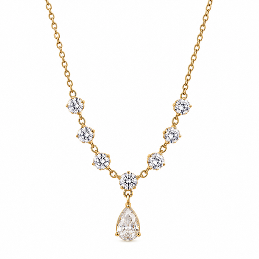 Serelle gold-tone necklace with seven round clear crystals and pear-shaped crystal drop