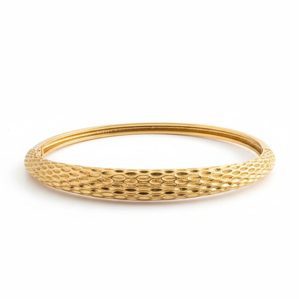 Textured gold bangle bracelet minimal gold bracelet for women on white background