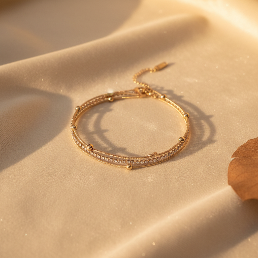 Triple strand crystal gold bead bracelet