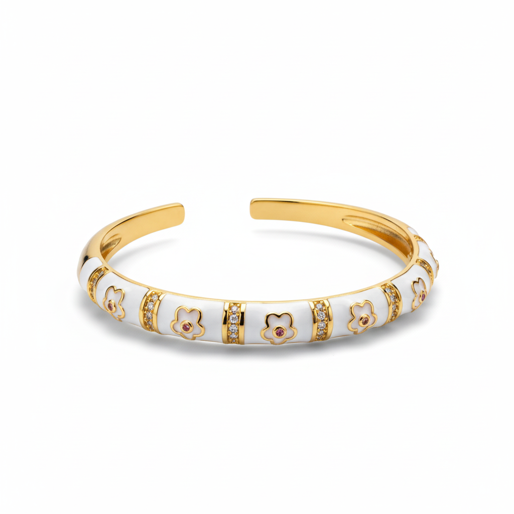 White Enamel Flower Cuff - Angled View