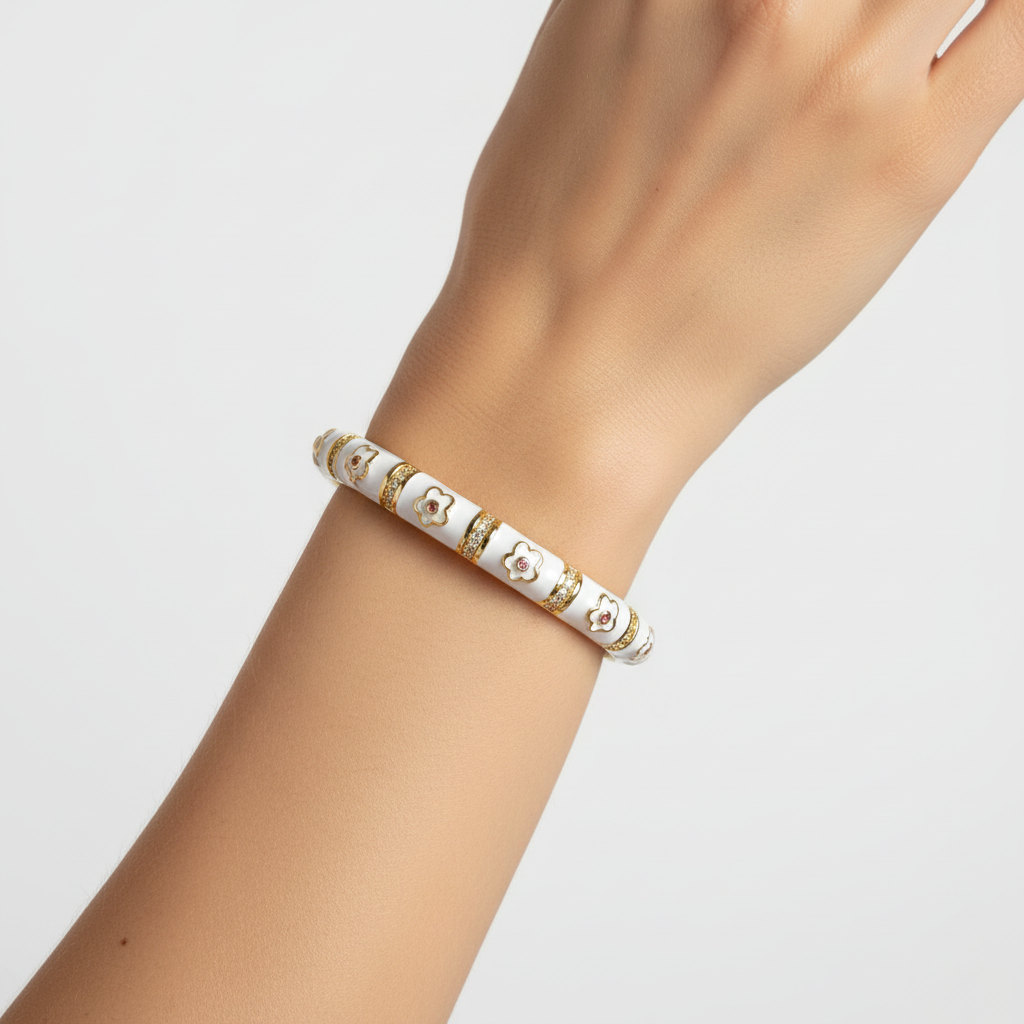 White Enamel Flower Cuff - Wrist Shot