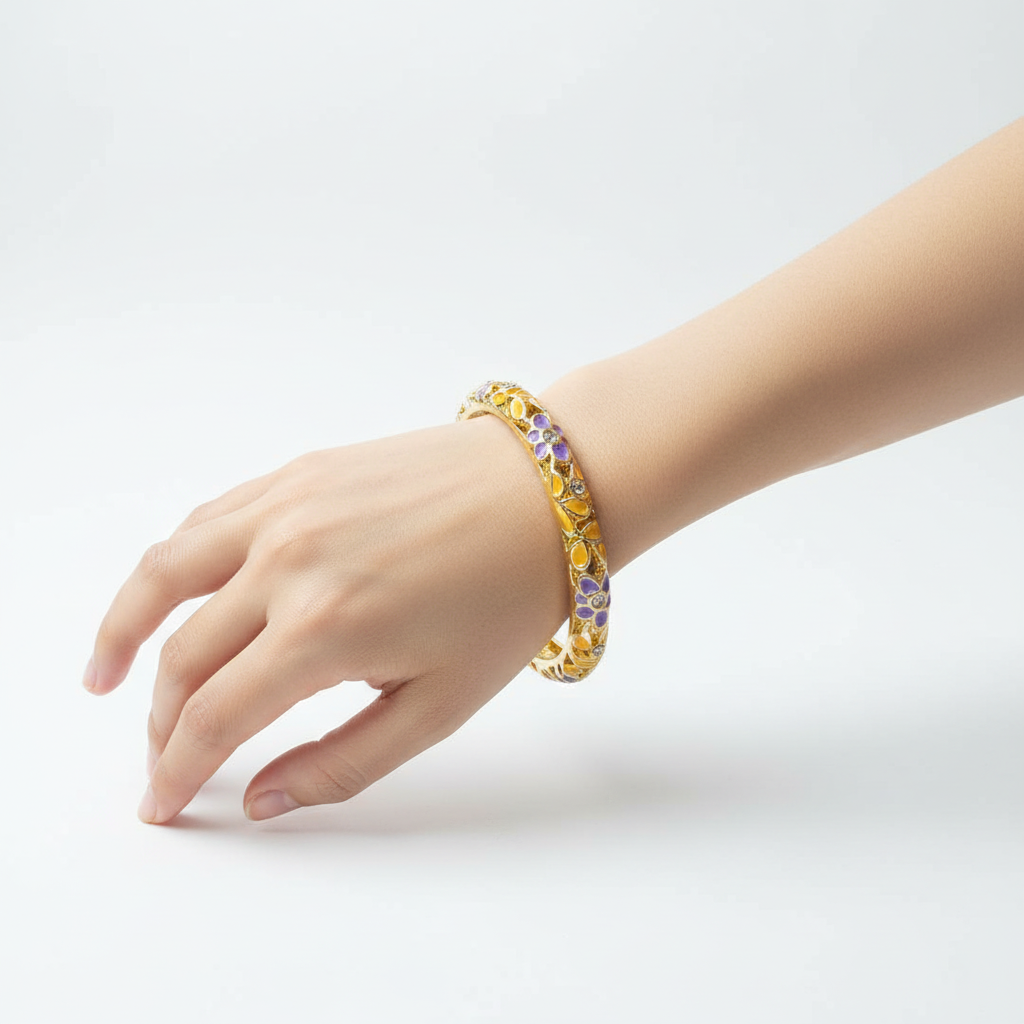 Woman wearing purple and yellow floral bangle