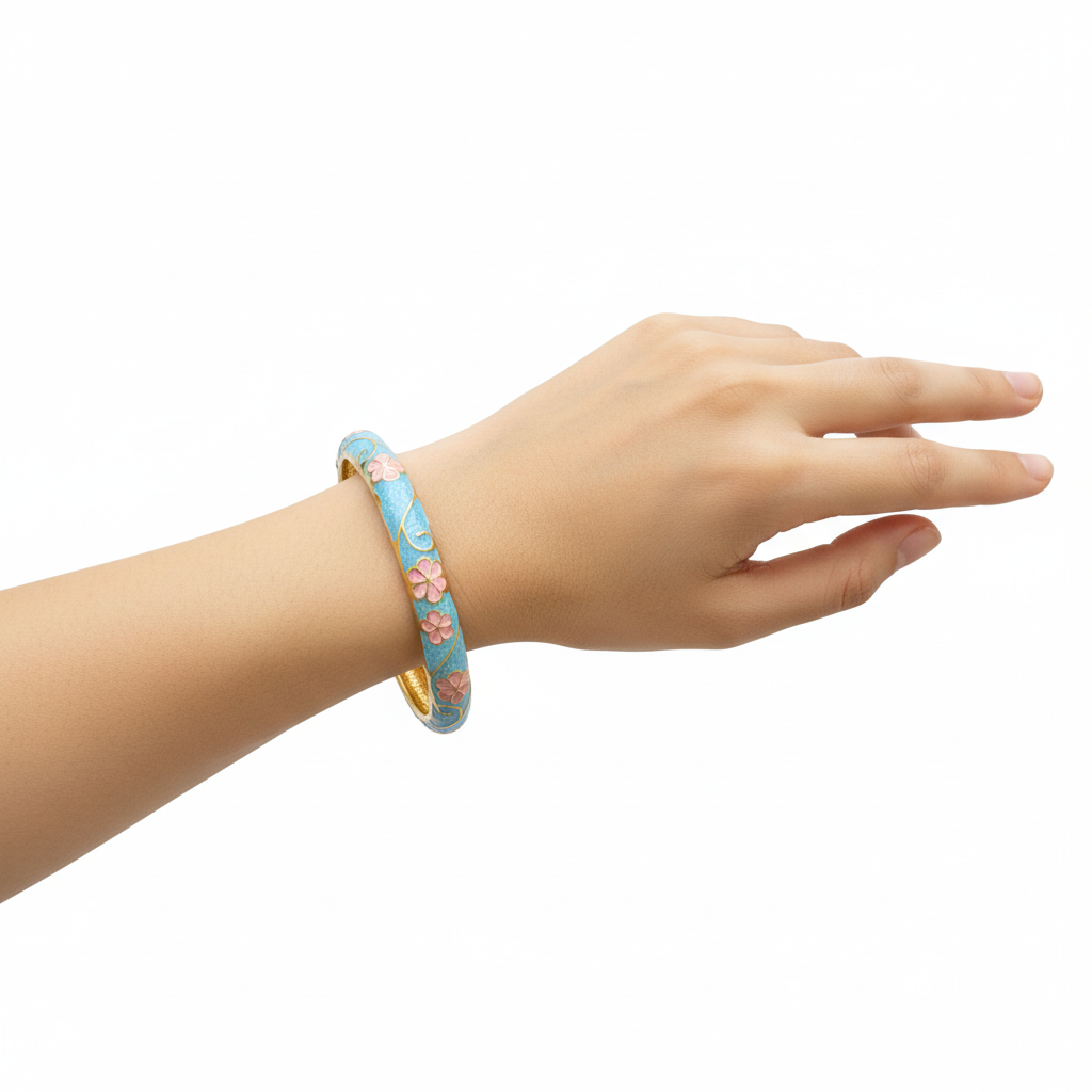 Woman wearing turquoise floral bangle