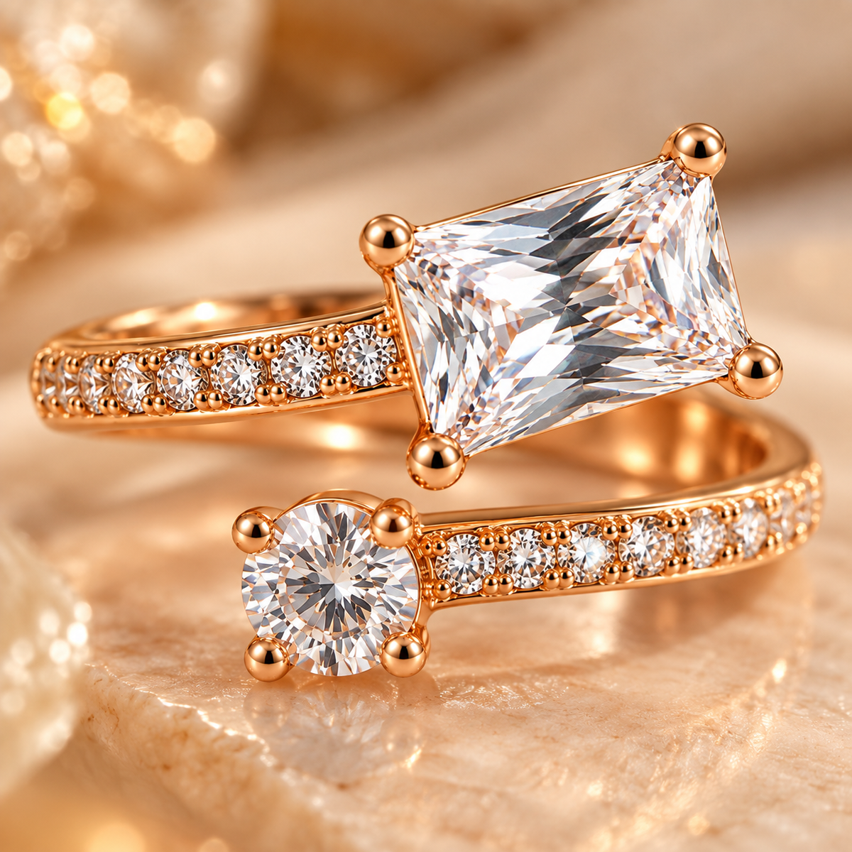 Close-up of Ziva Duo Crystal Ring showing rectangular and round clear crystals