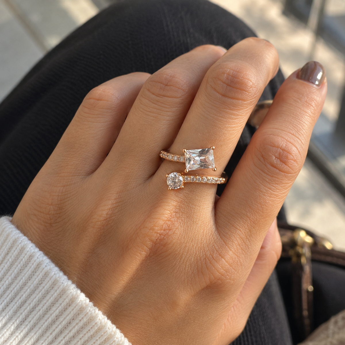 Ziva rose gold crystal ring worn naturally for an everyday look