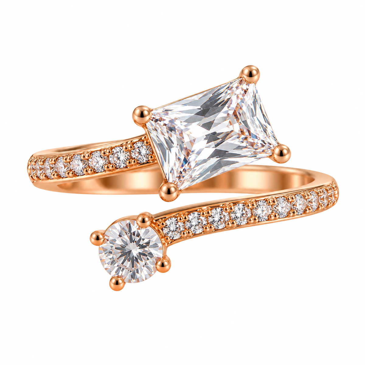 Ziva Duo Crystal Ring in rose gold tone with rectangular and round clear crystals