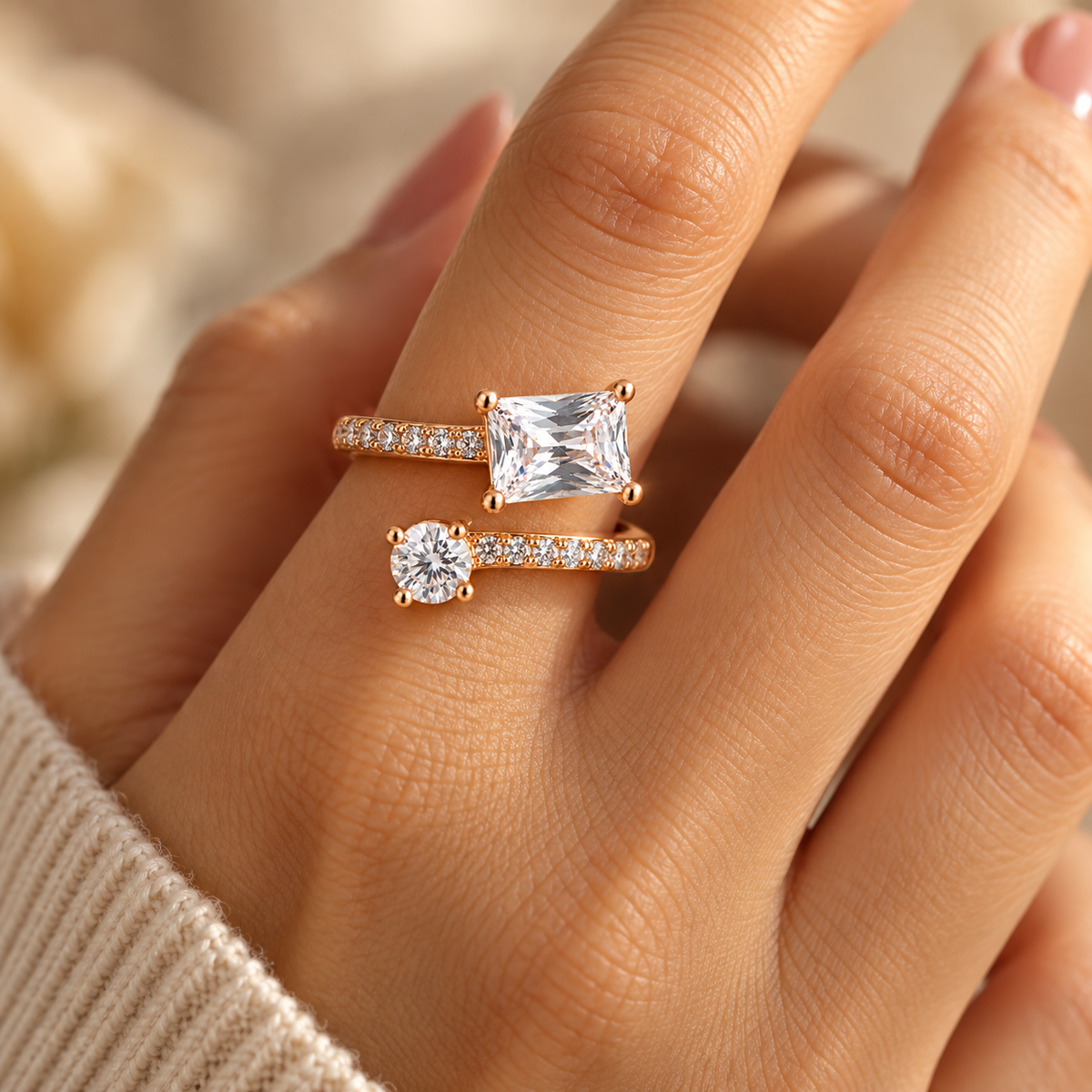 Ziva rose gold Duo Crystal Ring worn on a woman's hand