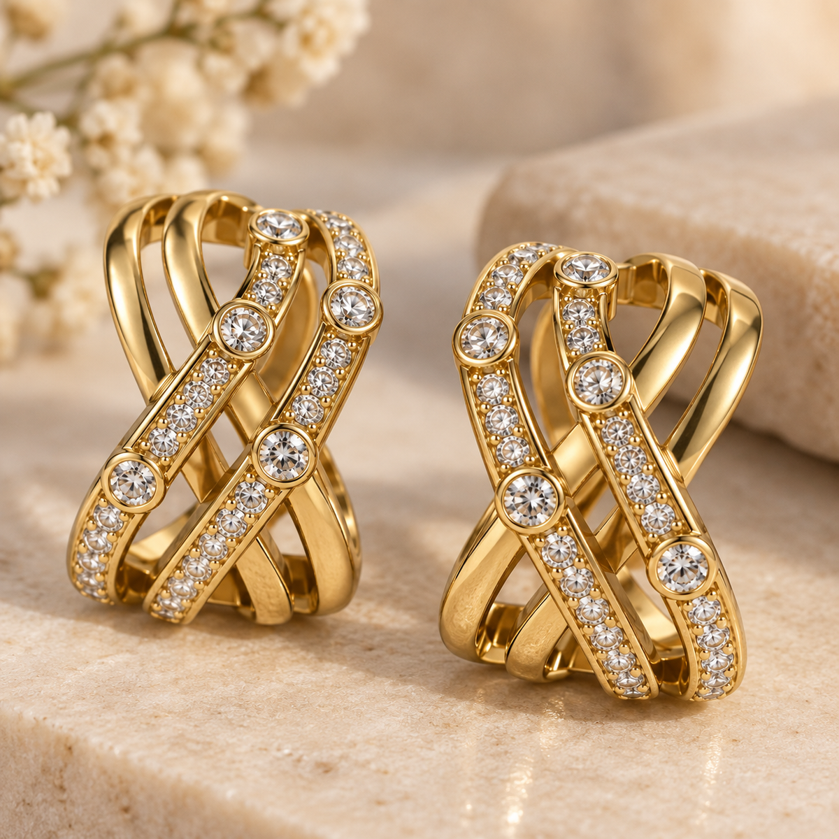 Close-up of Zivara Crystal Crossover Earrings showing crystal detailing