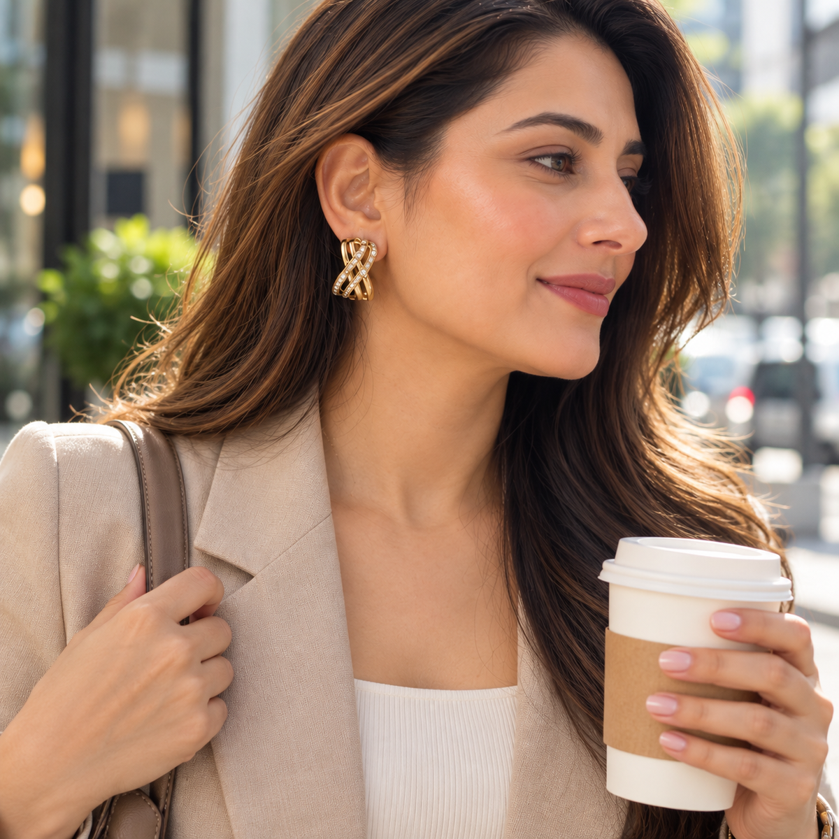 Zivara Crystal Crossover Earrings styled for everyday workwear